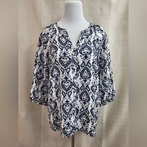 Fred & David Women's Blouse 3/4 Sleeve Navy White Floral Paisley Spade Size 1X